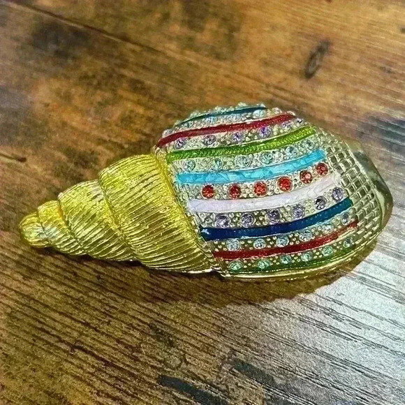 Bejeweled Gold-Tone Rainbow Rhinestone Painted Seashell Trinket Beach Ring Box - Picture 1 of 8